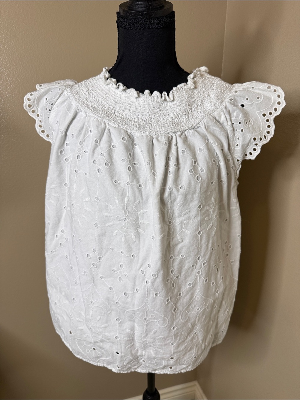 Loft White Eyelet Smocked Flutter Sleeve Blouse